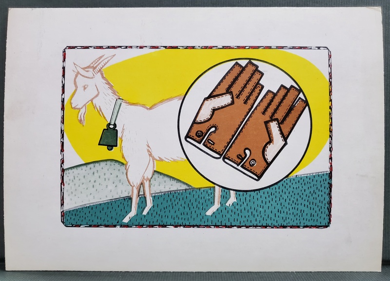 MANUSI DIN PIELE DE CAPRA  , PLANSA DIDACTICA , SERIA '' ANIMALELE DOMESTICE SI FOLOASELE LOR '' , ANII '80