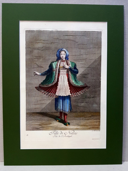 MARQUIS DE FERRIOL, JEAN BAPTIST VANMOUR ,FILLE DE NAXIS - ISLE DE L 'ACHIPEL par G. SCOTIN, TANARA IN COSTUM  POPULAR GRECESC, GRAVURA COLORATA, 1714