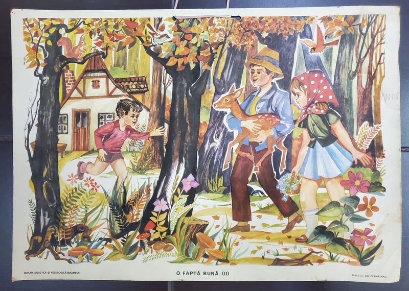 O FAPTA BUNA ( II )   , grafica de GHEORGHE CERNAIANU , PLANSA DIDACTICA NR. 17 , ANII '70