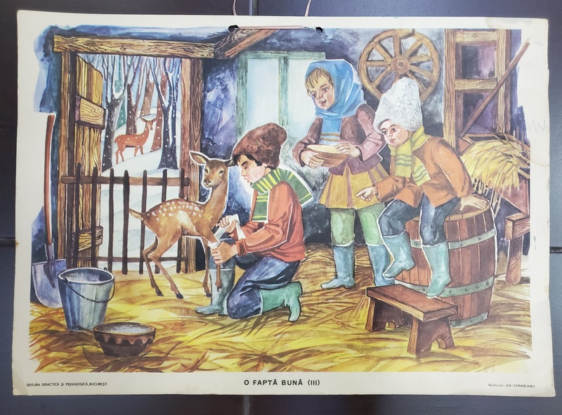O FAPTA BUNA ( III) , grafica de GHEORGHE CERNAIANU , PLANSA DIDACTICA NR. 19 , ANII '70