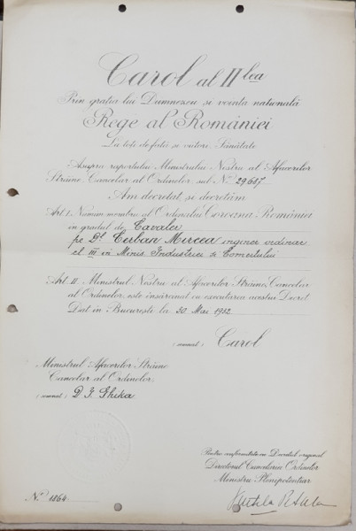 ORDINUL COROANA ROMANIEI IN GRAD DE CAVALER 'CAROL II'