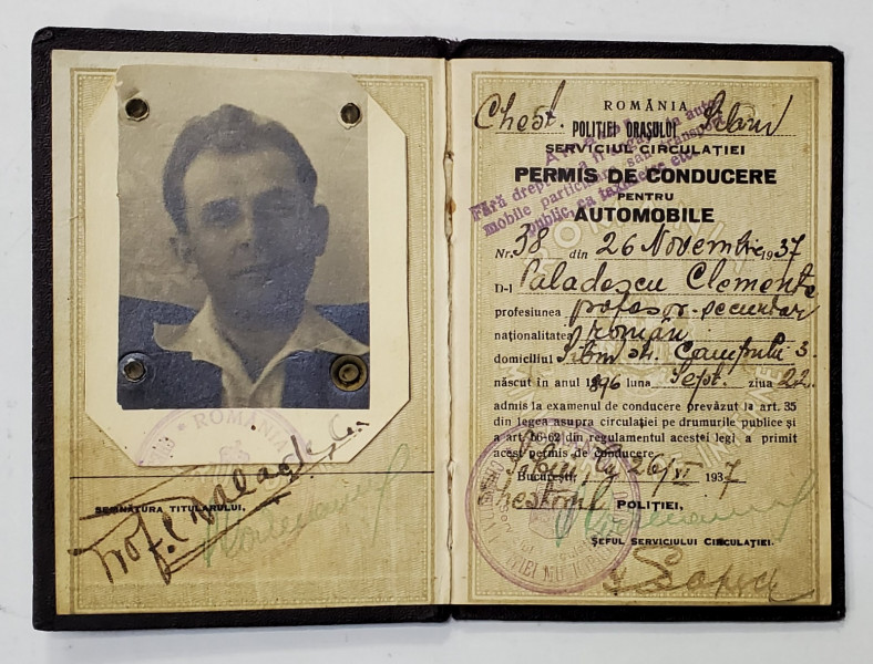 PERMIS DE CONDUCERE PENTRU AUTOMOBILE , EMIS LA BUCURESTI , 1937