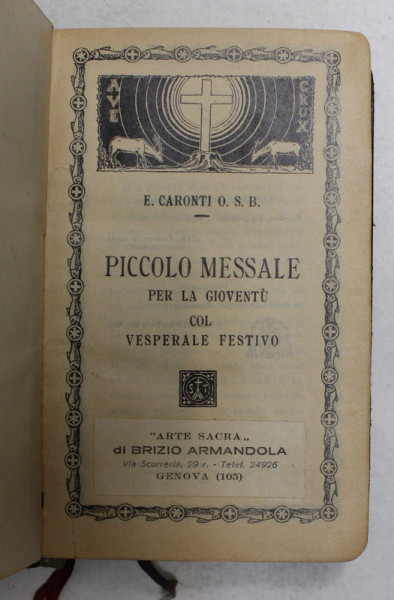 PICCOLO MESSALE PER LA GIOVENTU COL VESPERALE FESTIVO , 1933