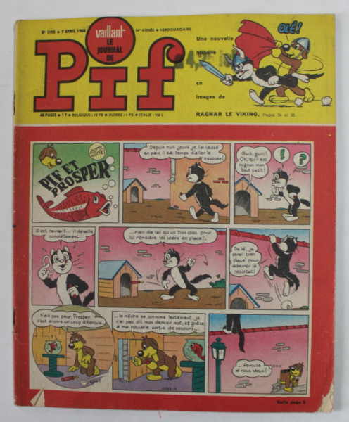 PIF , VAILLANT , NO. 1195 , 7 AVRIL  , 1968, COPERTA CU MICI DEFECTE