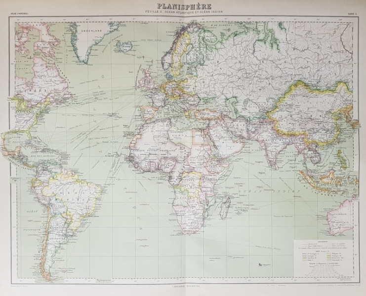PLANISPHERE - FEUILLE II . OCEAN ATLANTIQUE ET OCEAN INDIEN , HARTA COLOR , SCARA 1/ 50.000.000 , INCEPUTUL SECOLULUI XX