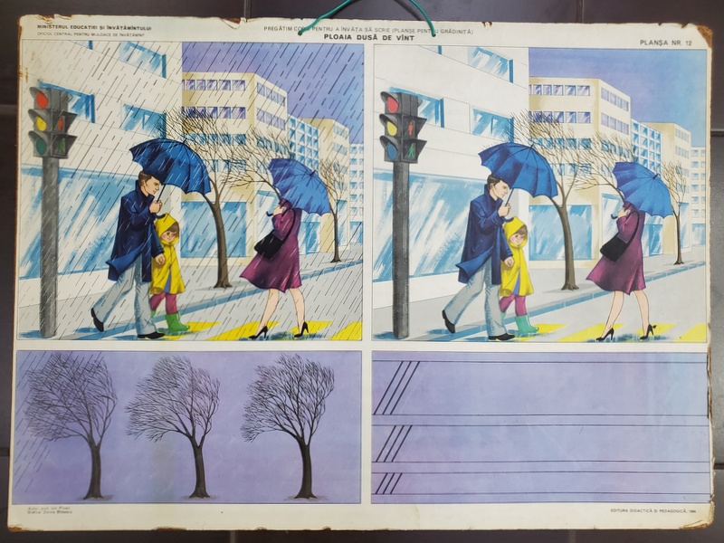 PLOAIA DUSA DE VANT  , grafica de ZORINA BILDESCU , PLANSA DIDACTICA NR. 72 , 1984
