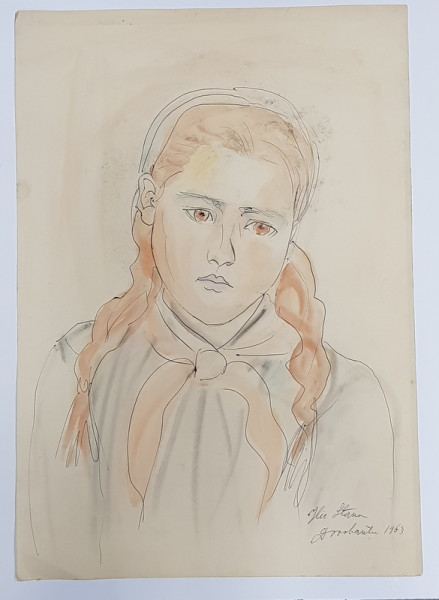 PORTRETUL UNEI PIONIERE ' ILIE STANA '  , DESEN ORIGINAL DE CANTEMIR RISCUTIA , DATAT 1963