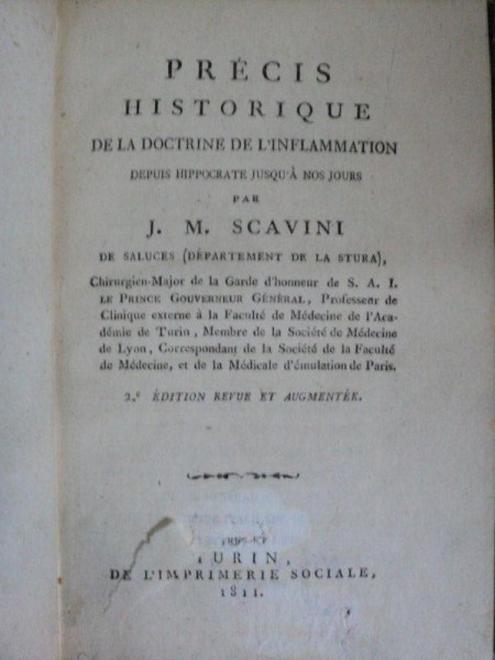 PRECIS HISTORIQUE DE LA DOCTRINE DE L'INFLAMMATION   - 1811