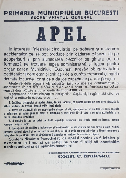 PRIMARIA MUNICIPIULUI BUCURESTI, APEL, 13 Ianuarie 1938