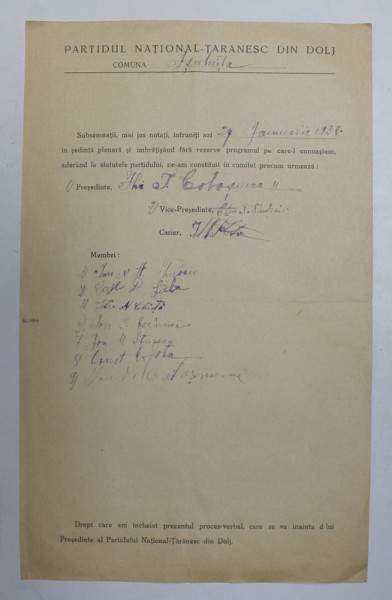 PROCES VERBAL CU OCAZIA CONSTITUIRII  UNUI COMITET AL PARTIDULUI NATIONAL - TARANESC DIN DOLJ , COMUNA ISALNITA , 24 IANUARIE 1938