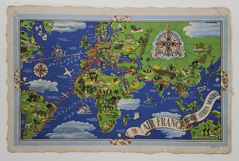 RECLAMA '' AIR FRANCE - RESEAU AERIEN MONDIAL  '' , HARTA  LUMII , CARTE POSTALA , INTERBELICA