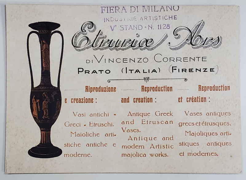 RECLAMA FIRMEI DE CERAMICA '' ETRURICE ARS '' , MILANO , FORMAT CARTE POSTALA, ANII '20