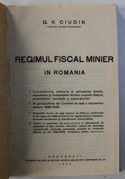 REGIMUL FISCAL MINIER IN ROMANIA de G. V. CIUDIN , 1933