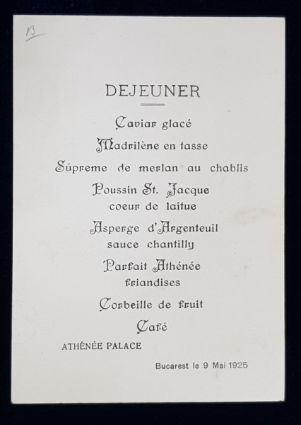 RESTAURANTUL ATHENEE PALACE , MENIU , 9 MAI ,  1925