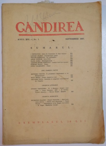 REVISTA ''GANDIREA'', ANUL XVI, NR. 7 , SEPTEMBRIE 1937