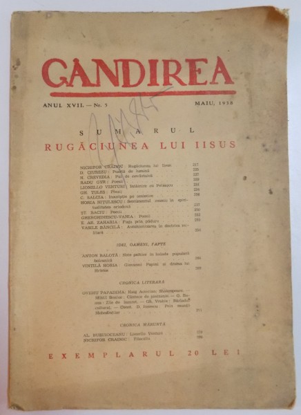 REVISTA ''GANDIREA'', ANUL XVII, NR. 5, MAI 1938: RUGACIUNEA LUI IISUS