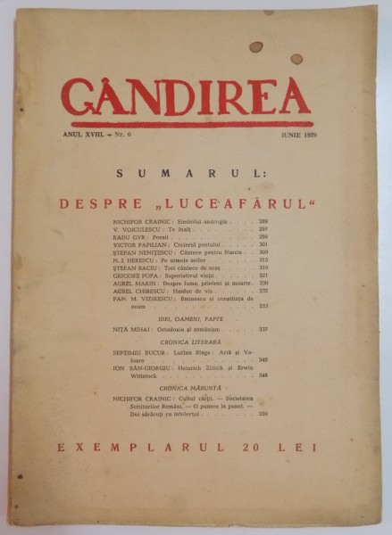 REVISTA ''GANDIREA'', ANUL XVIII, NR. 6 , IUNIE 1939: DESPRE ''LUCEAFARUL''
