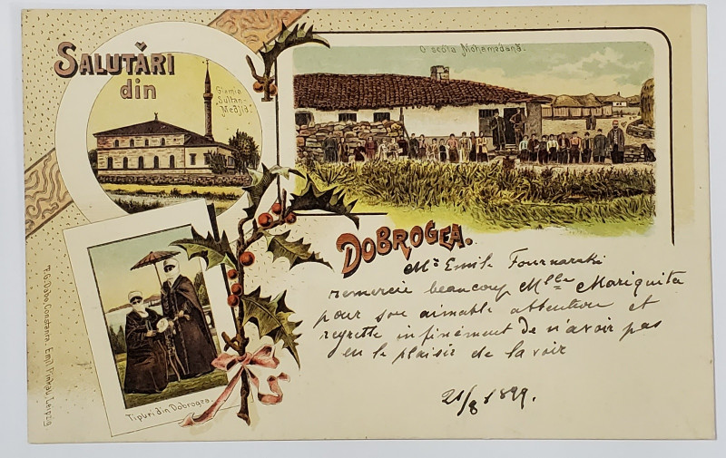 SALUTARI DIN DOBROGEA : O SCOALA MAHOMEDANA , GEAMIA DIN MEDJIA , TIPURI DIN DOBROGEA  , CARTE POSTALA ILUSTRATA CLASICA  , CROMOLITOGRAFIE