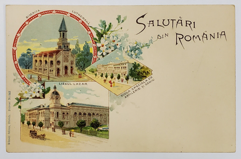 SALUTARI DIN ROMANIA , BUCURESTI : BISERICA LUTHERANA , LICEUL '' GH. LAZAR ''  ,  SCOALA DE ARTILERIE SI GENIU , CARTE POSTALA ILUSTRATA  CLASICA , CROMOLITOGRAFIE