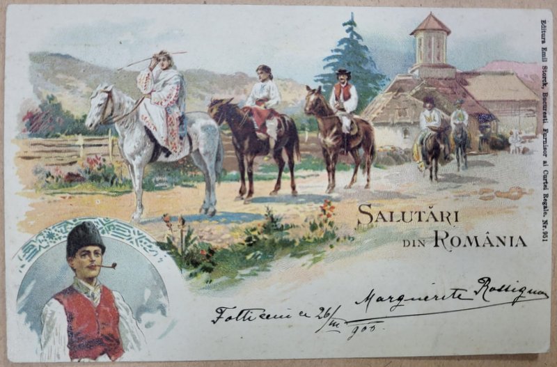 SALUTARI DIN ROMANIA , CROMOLITOGRAFIE , MONTAJ CU TARANI IN PORT POPULAR , PE CAI , LANGA BISERICA , CARTE POSTALA , CLASIC A