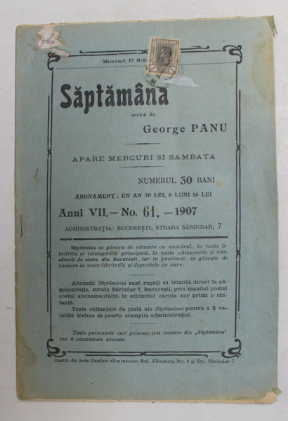 SAPTAMANA , REVISTA , APARE MIERCURI SI SAMBATA , ANUL VII , NO. 61 , 1907