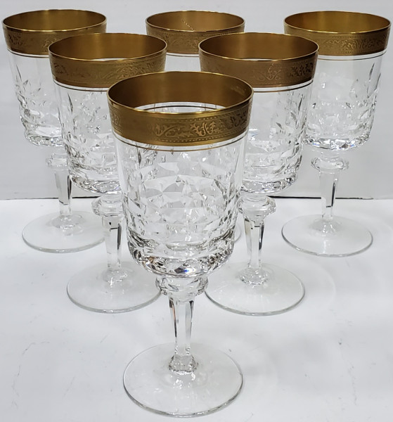 Sase pahare pentru bauturi aperitiv din cristal bizotat si aur coloidal  Perioada Interbelica