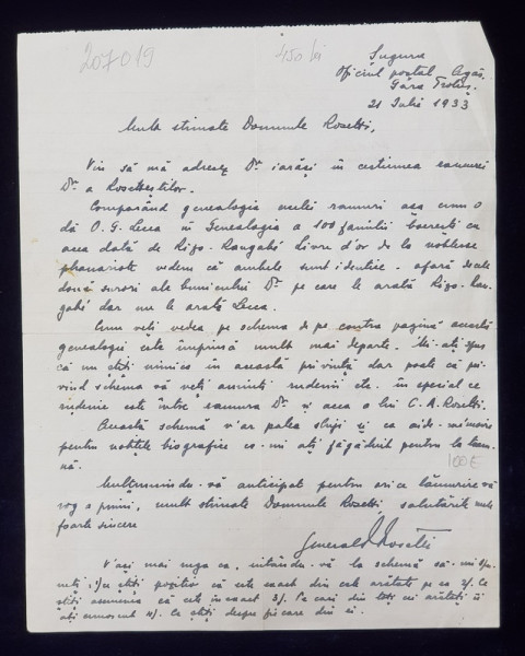 SCRISOARE OLOGRAFA , SCRISA SI SEMNATA DE GENERALUL RADU R. ROSETTI , EXPEDIATA CATRE RADU D. ROSETTI , CUPRINZAND ARBORELE GENEALOGIC AL FAMILIEI ROSETTI , DATATA 1933