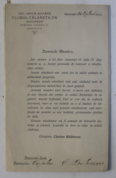 SCRISOARE SIN 25 SEPTEMBRIE 1914 ADRESATA UNUI MEBRU AL CLUBULUI CALARETILOR BUCURESTI , INSOTITA DE PROGRAMUL VANATORILOR CALARI  TOAMNA 1914