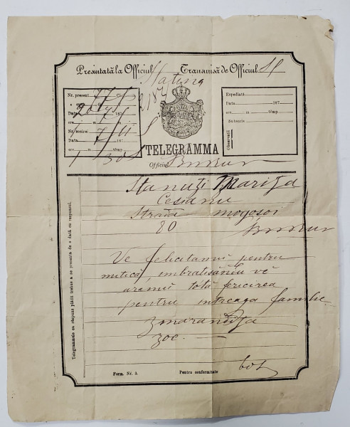 TELEGRAMA DE FELICITARE ADRESATA DOAMNEI CESIANU DIN BRASOV , 1878