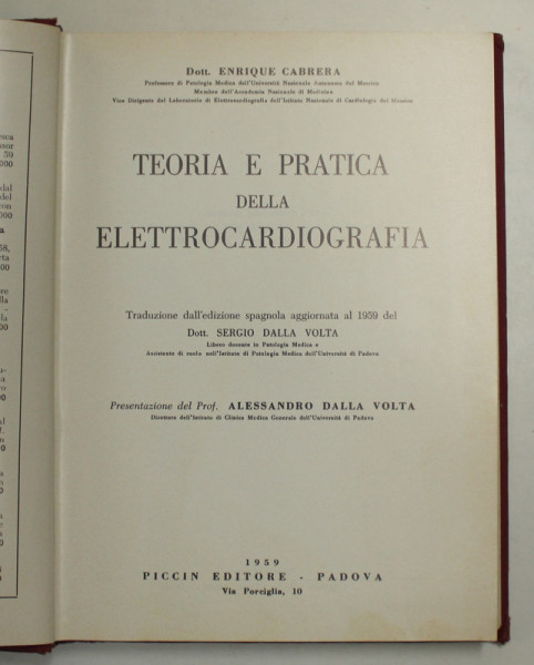 TEORIA E PRATICA DELLA ELETTROCARDIOGRAFIA di ENRIQUE CABRERA , 1959
