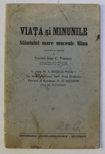 VIATA SI MINUNILE SFANTULUI MARE MUCENIC MINA de IOAN C. POPESCU , 1941