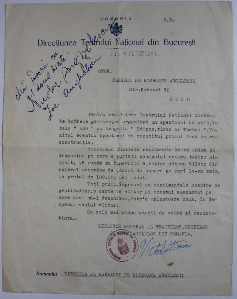 VICTOR EFTIMIU - SCRISOARE ADRESATA LUI N. ANGELESCU , DIRECTOR AL FABRICII DE BOMBOANE , 17 OCTOMBRIE 1944